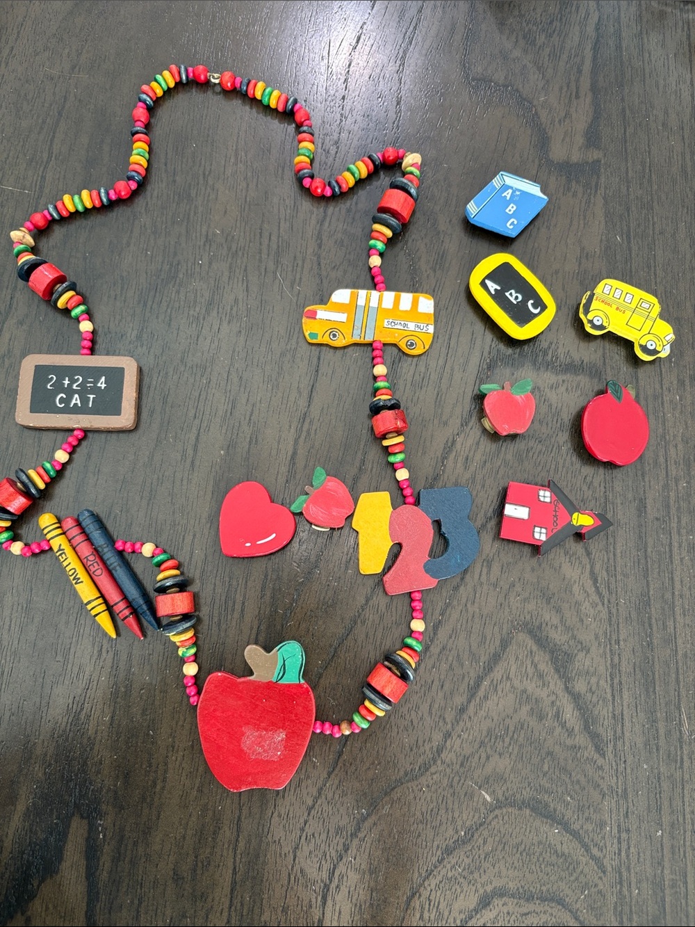 Vintage School-Themed Wooden Necklace & Button covers- Red/Yellow/Blue